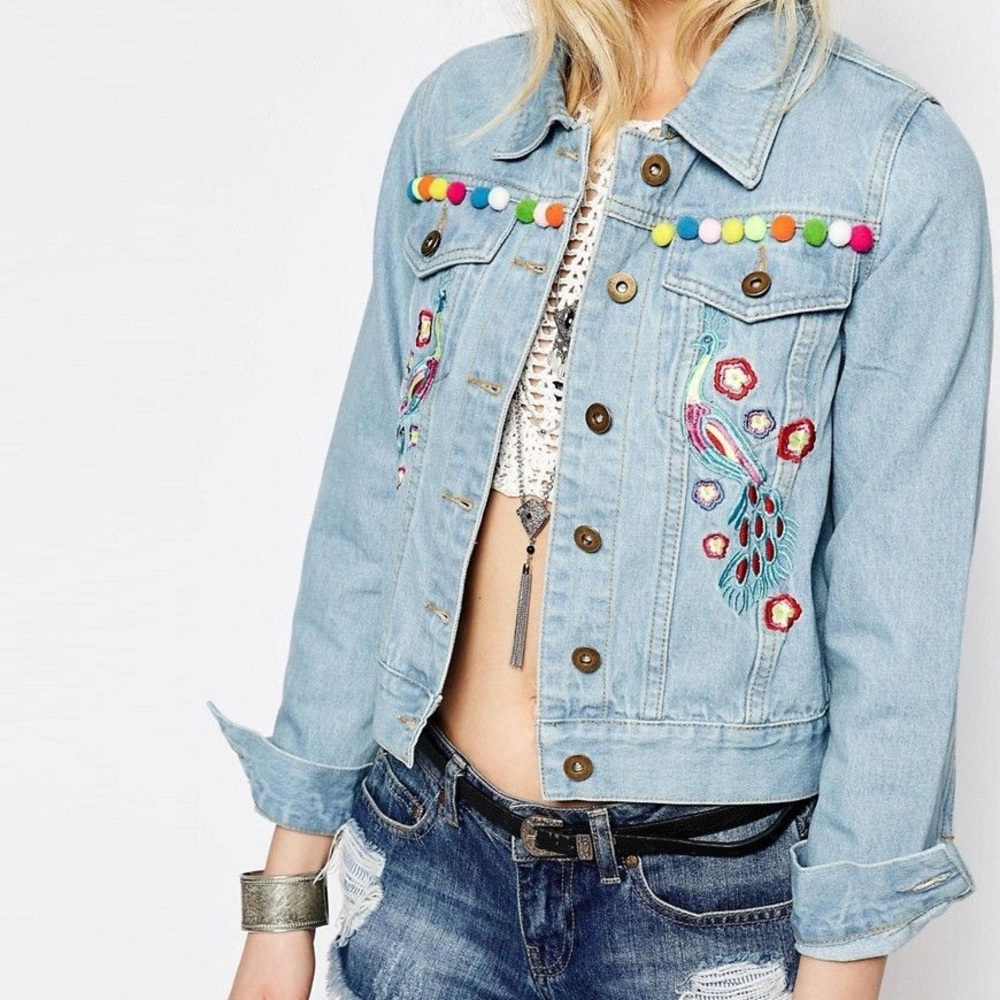 Cropped Denim Jacket With Embroidery And Pom Pom